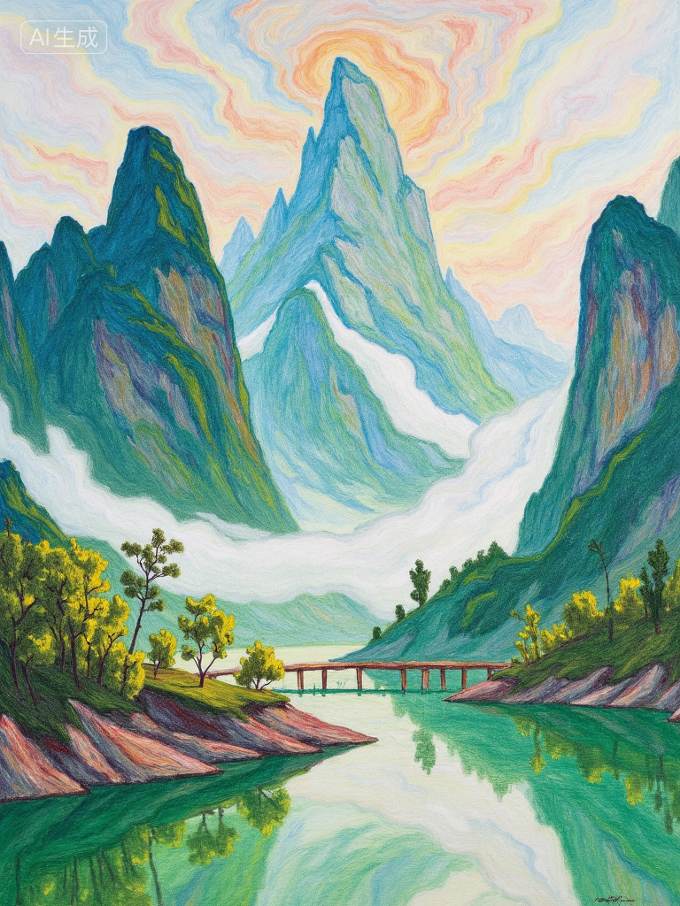梦幻山谷湖景插画