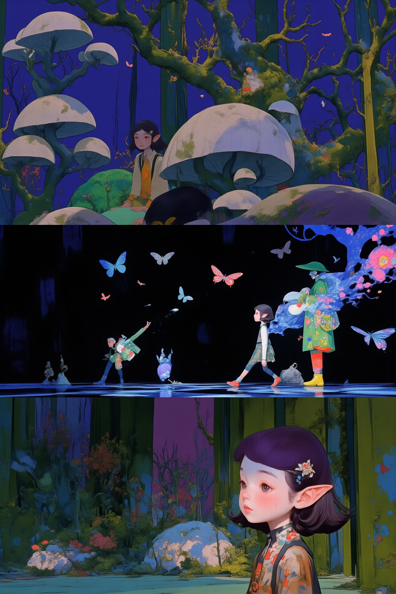 梦幻森林中的孤独少女与巨树群景