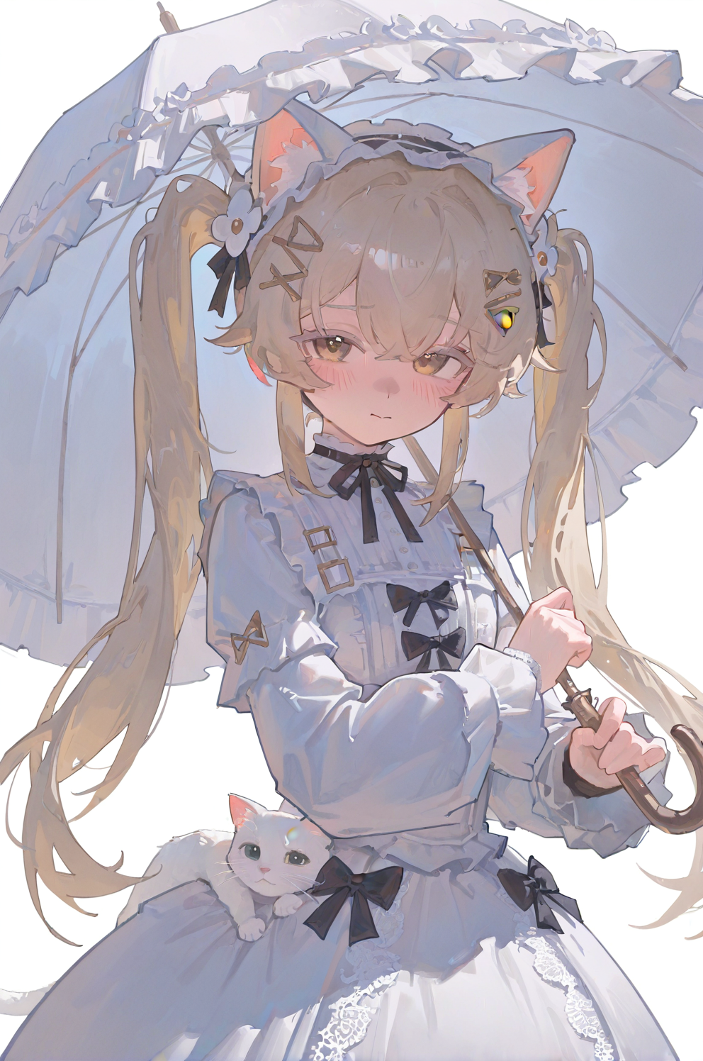 手持白伞的猫耳双马尾少女