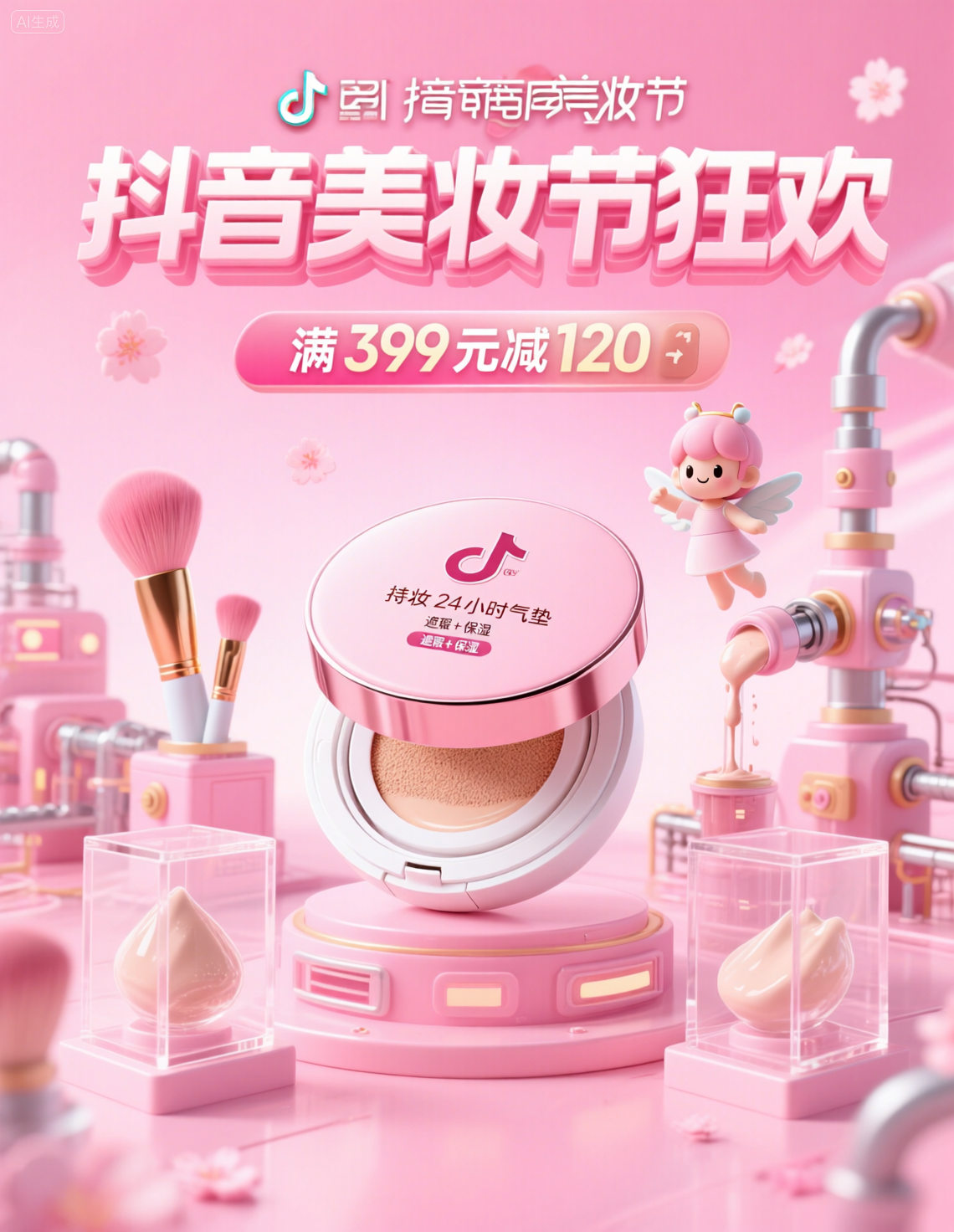 抖音美妆节粉色促销海报