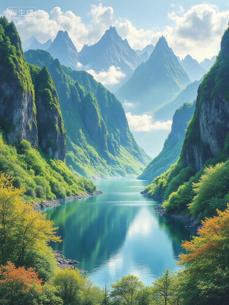 梦幻山谷湖景插画