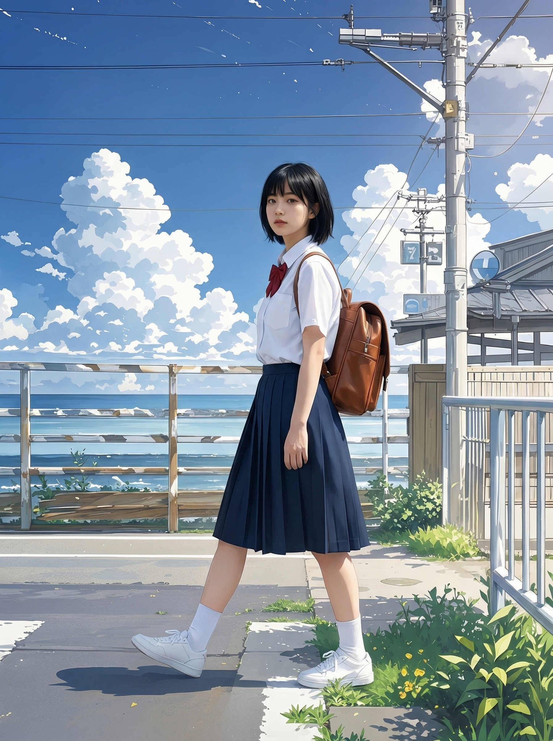 海边电线杆下的夏日制服少女