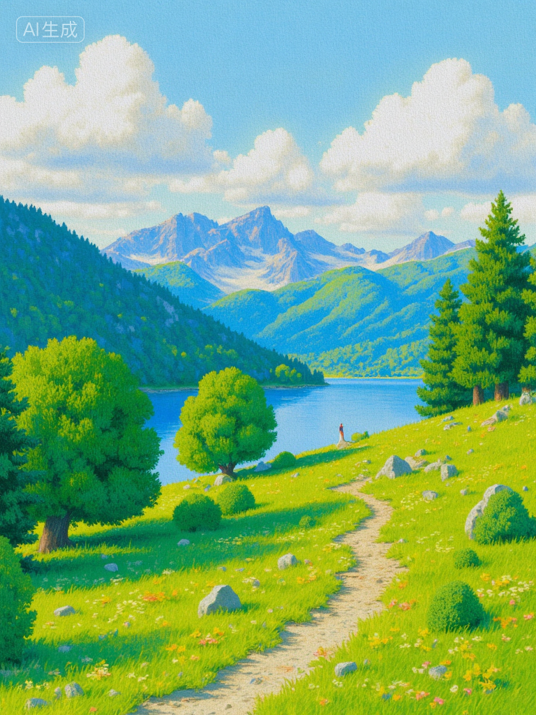 梦幻山谷湖景插画