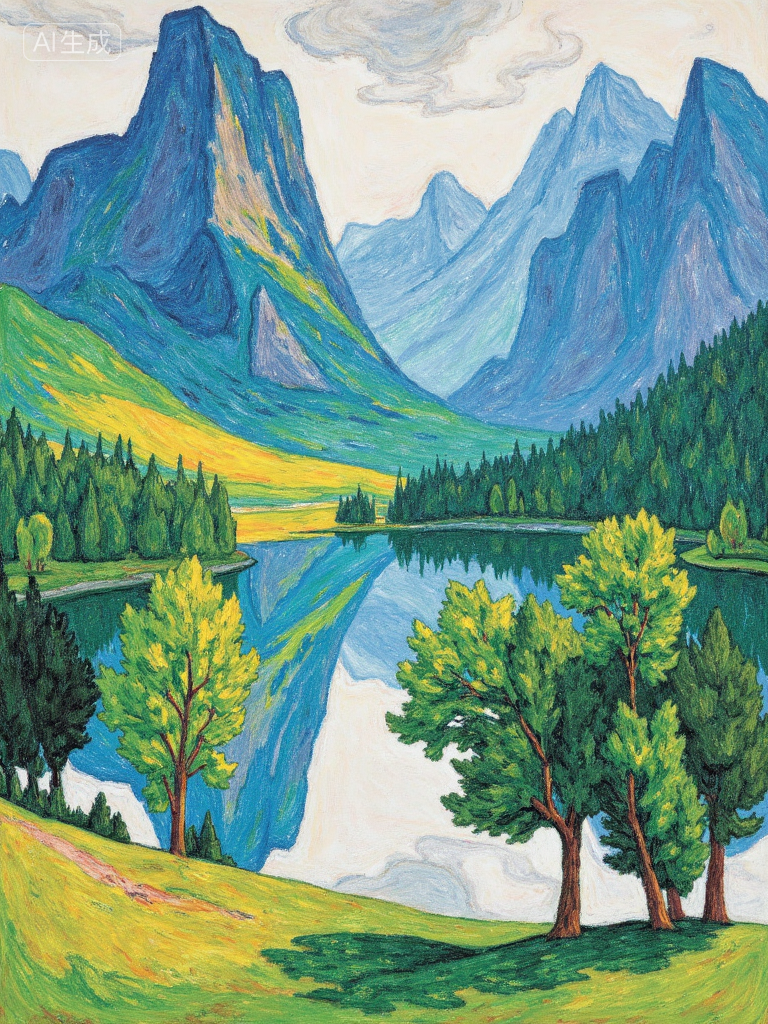 梦幻山谷湖景插画