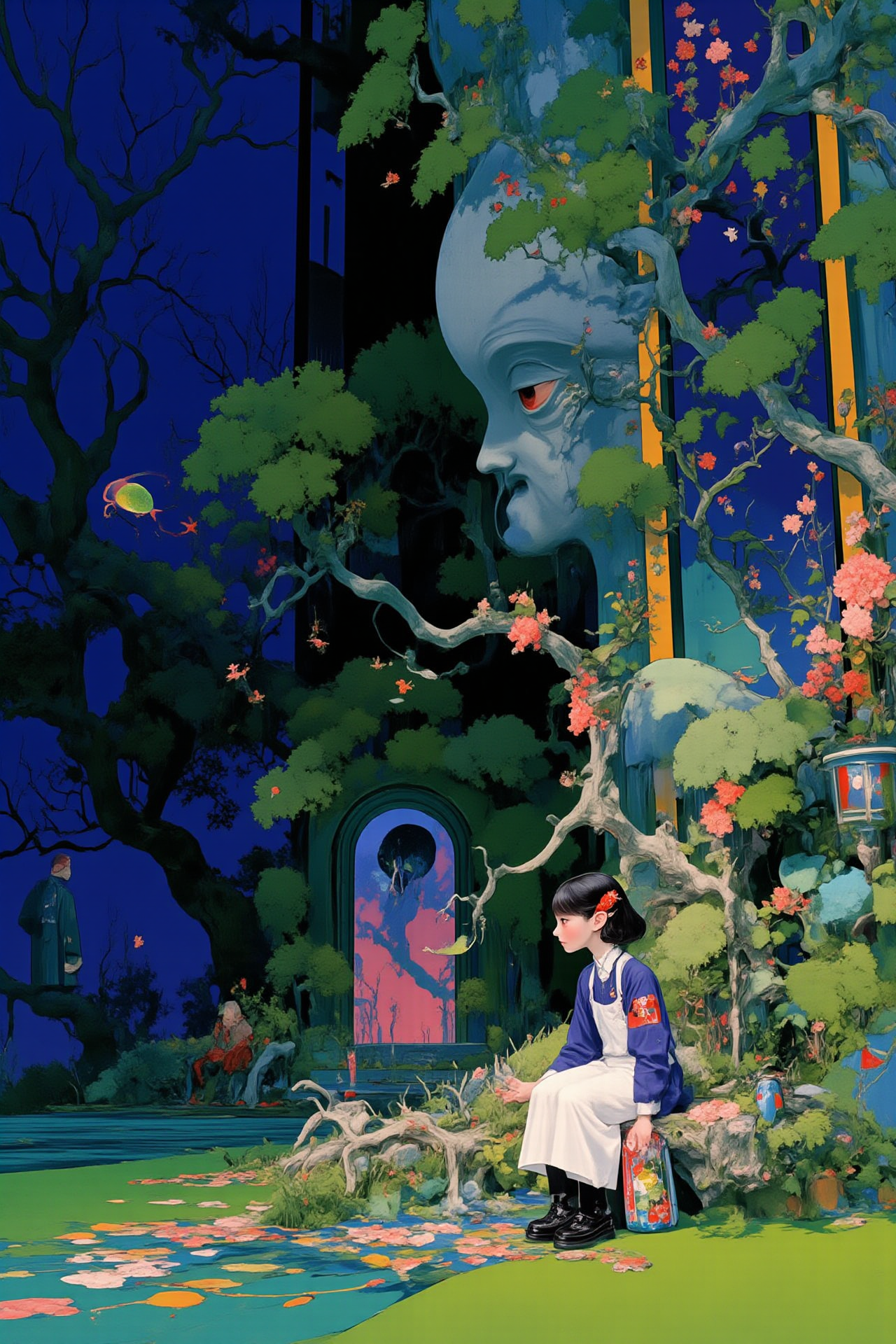 梦幻森林中的孤独少女与巨树群景