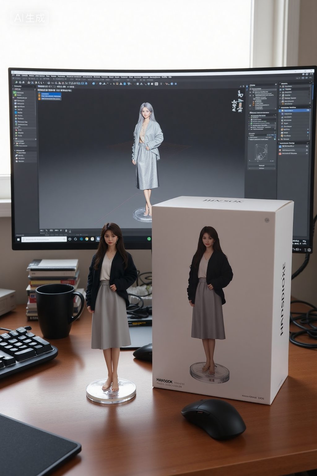 桌面上的人物手办模型与3D建模展示