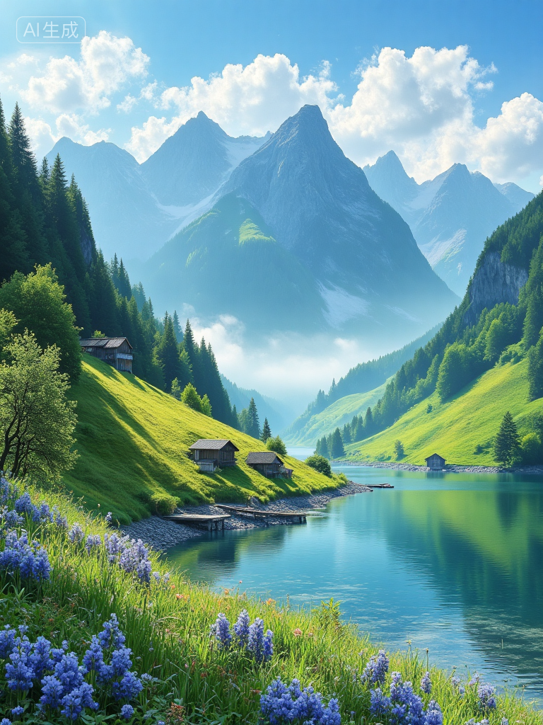 梦幻山谷湖景插画