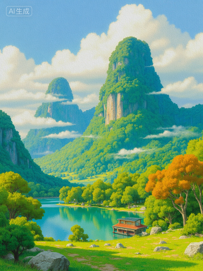 梦幻山谷湖景插画