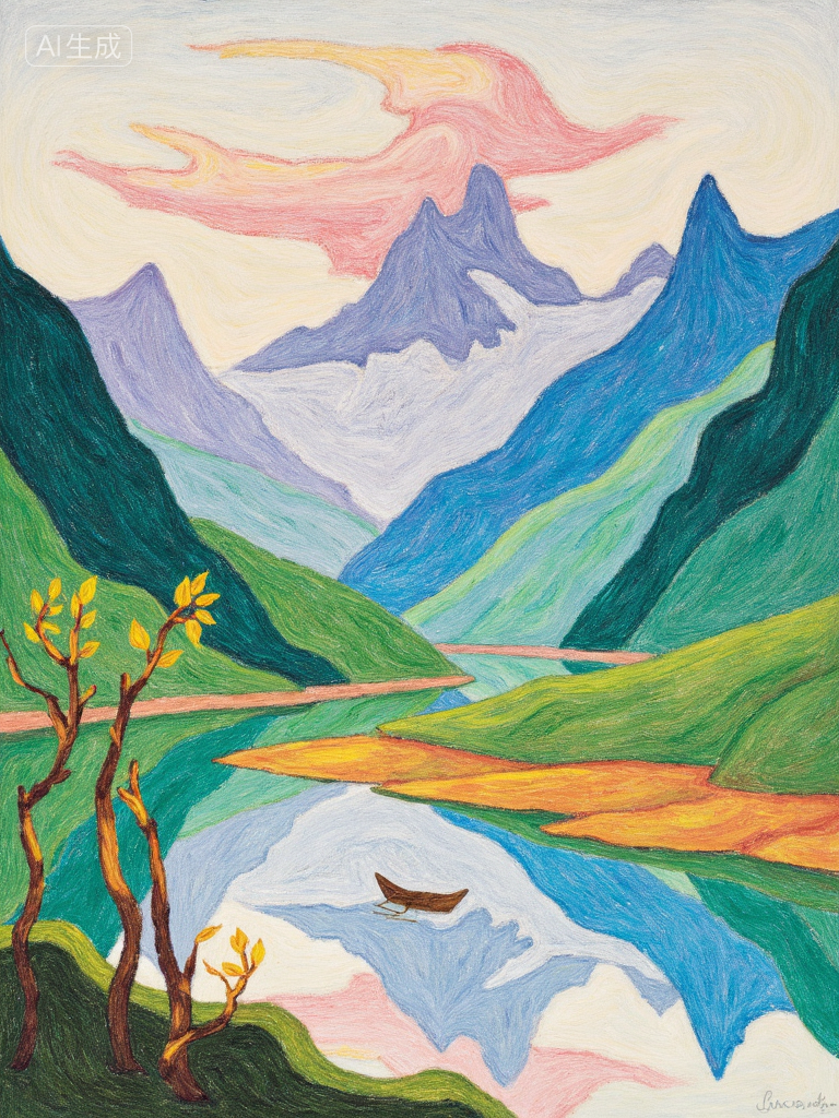 梦幻山谷湖景插画