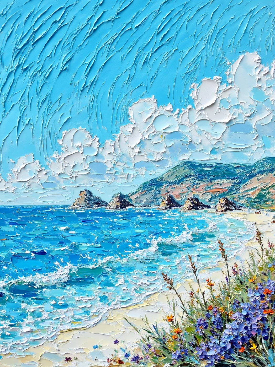 油画风海岸夏日风景