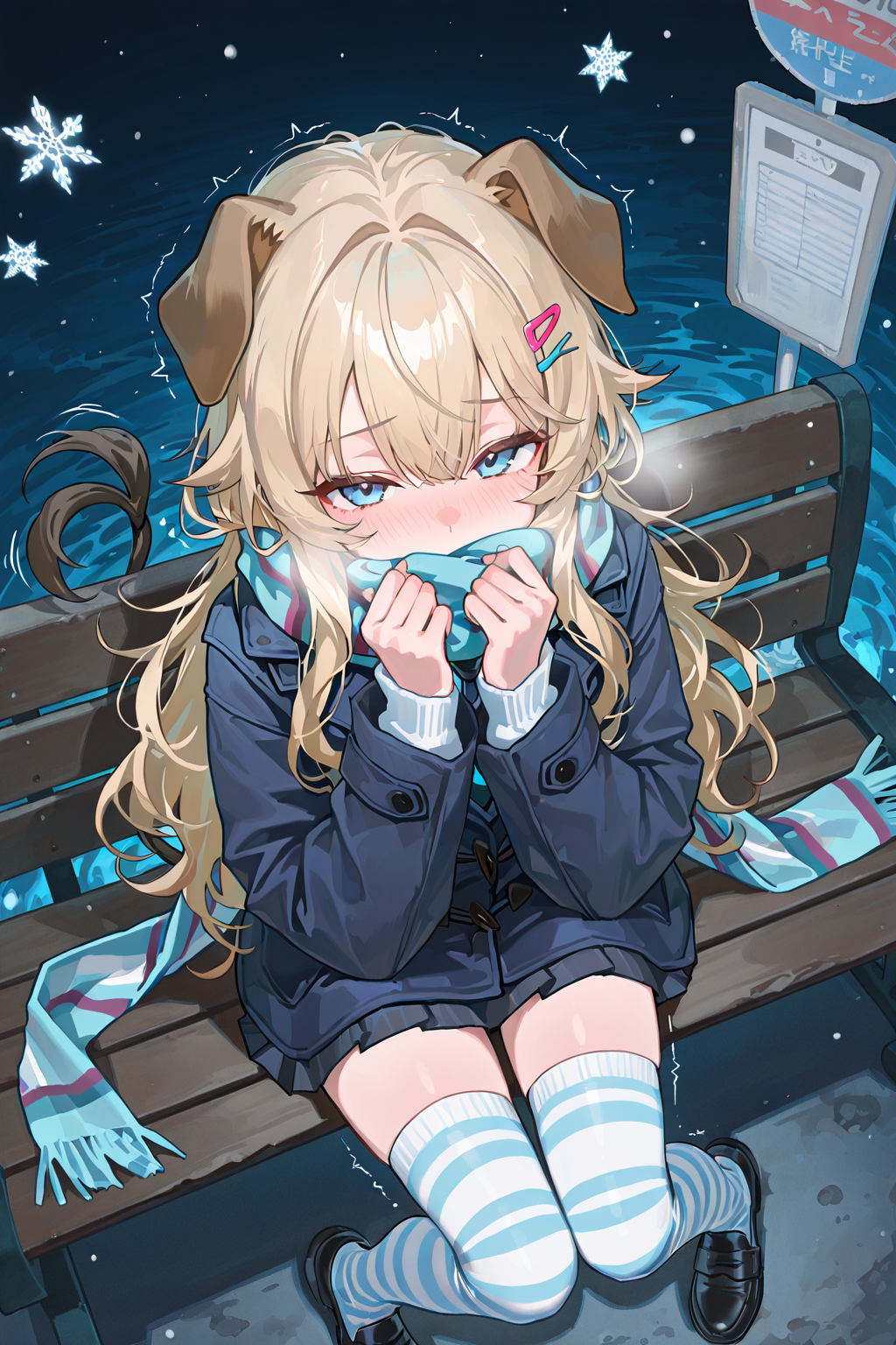 雪夜公交站台上的兽耳少女