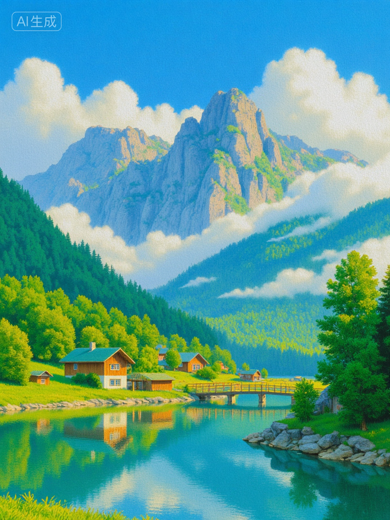 梦幻山谷湖景插画