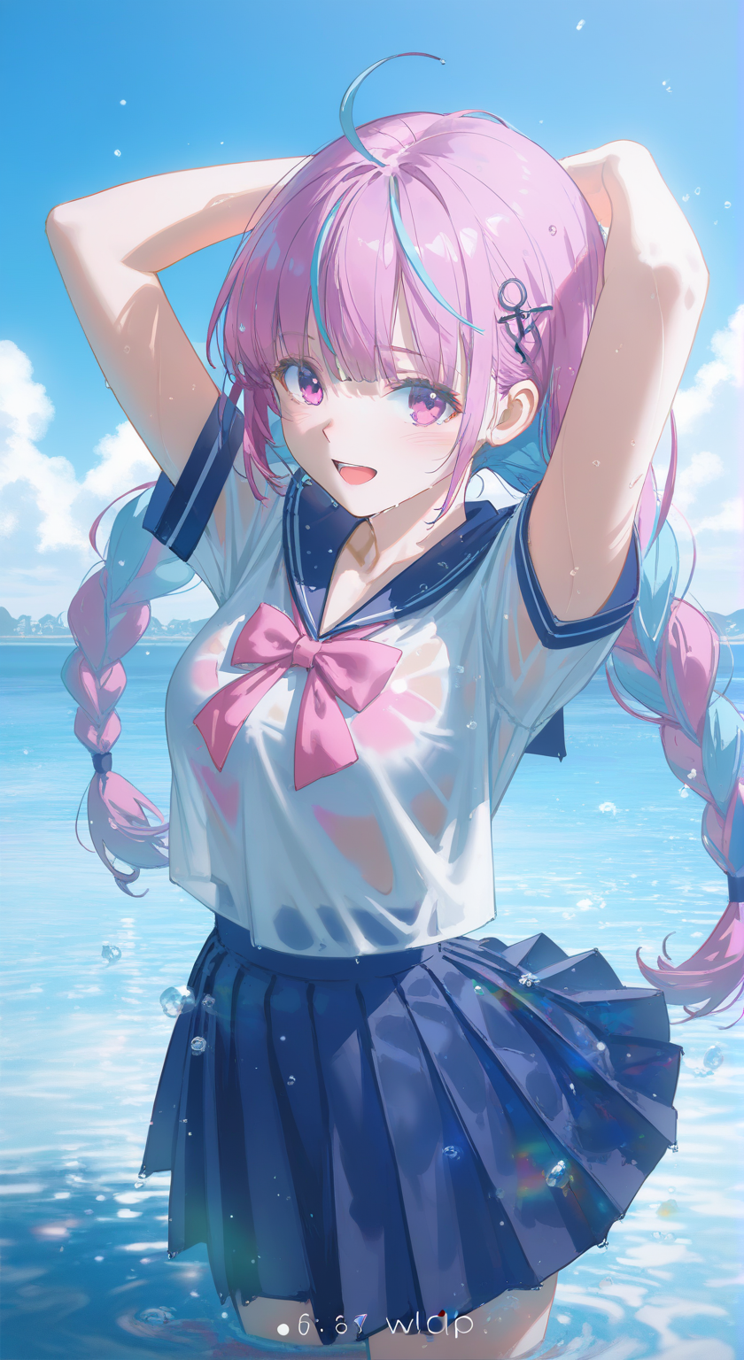 海边清爽感的粉发双马尾少女插画