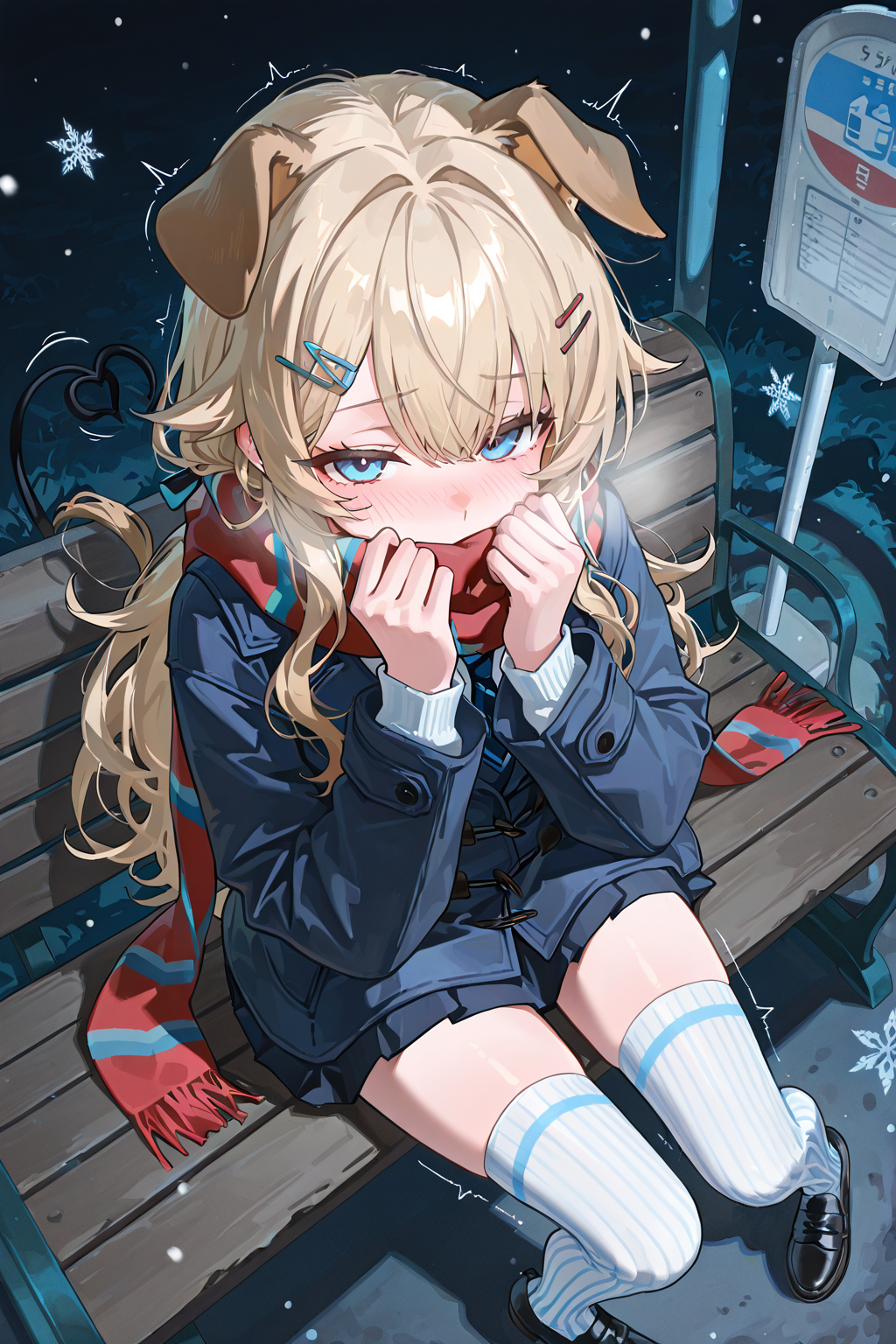 雪夜公交站台上的兽耳少女