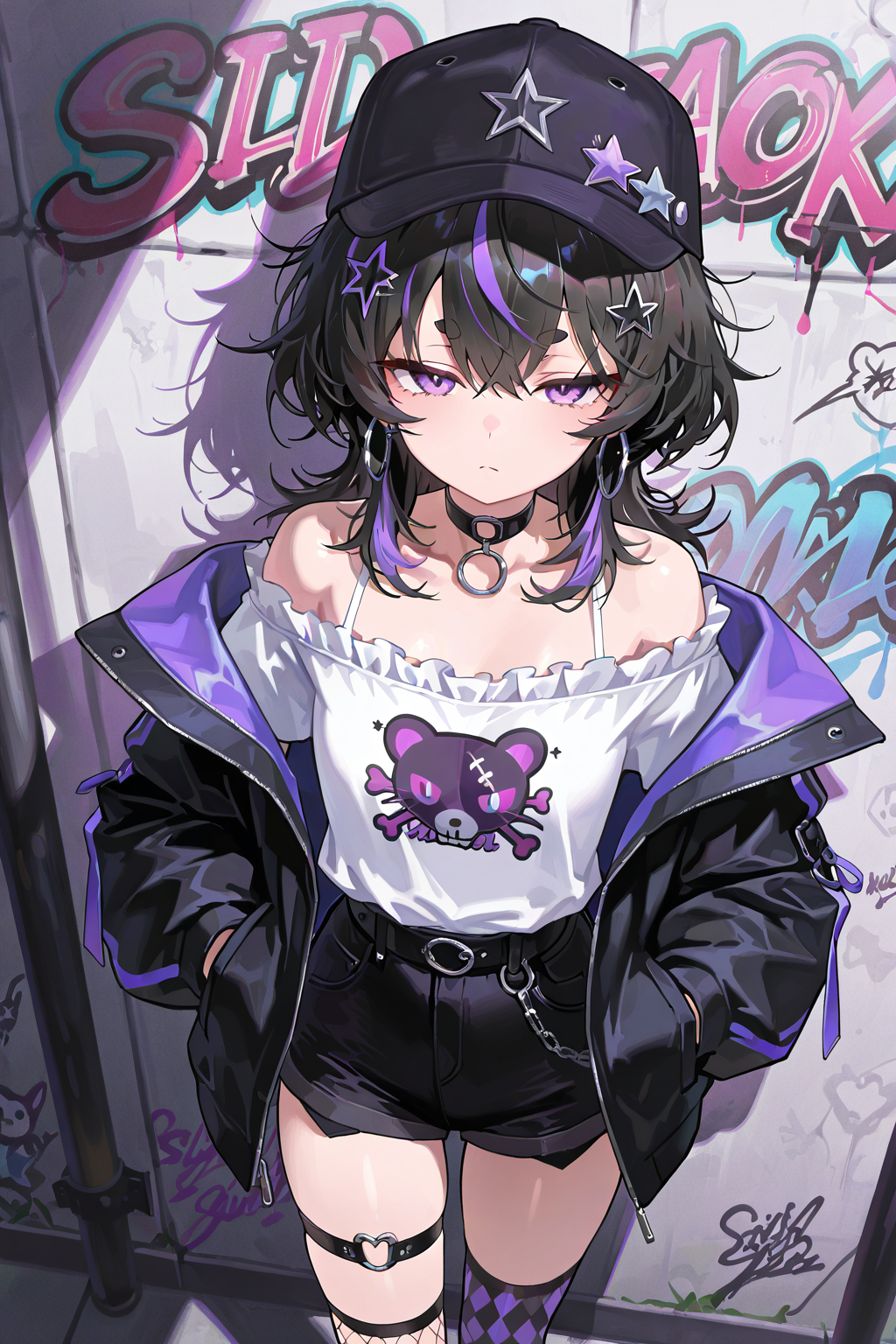 紫黑潮流风格的二次元少女插画