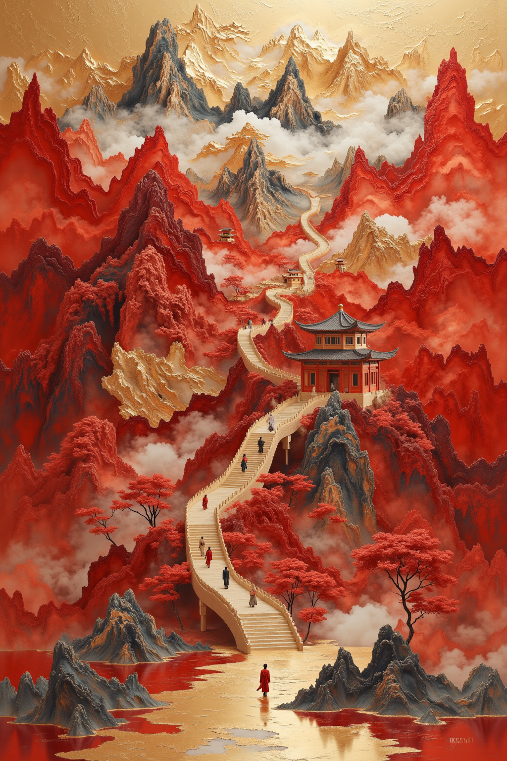 春节，国庆，中国红，红色镀金，山水，