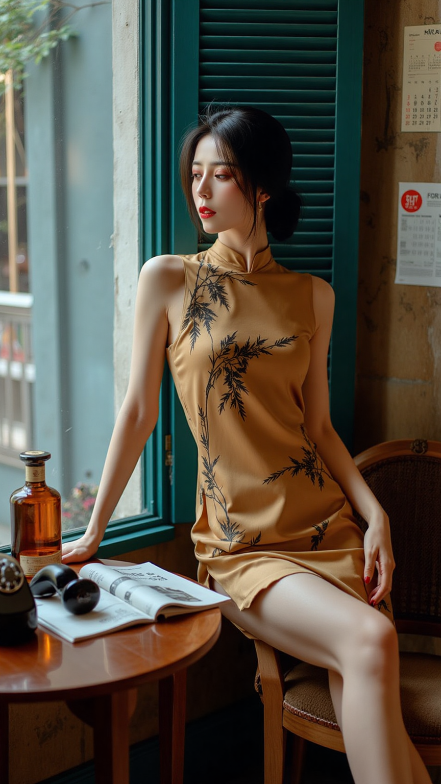 窗边复古室内的人像写真
