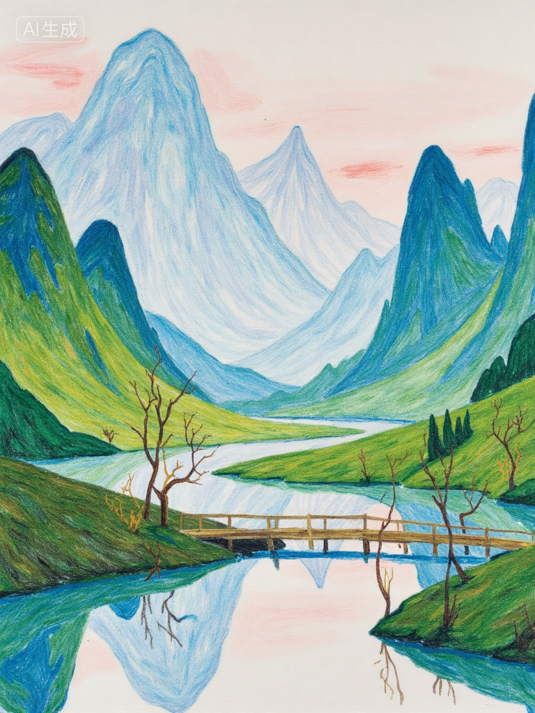 梦幻山谷湖景插画