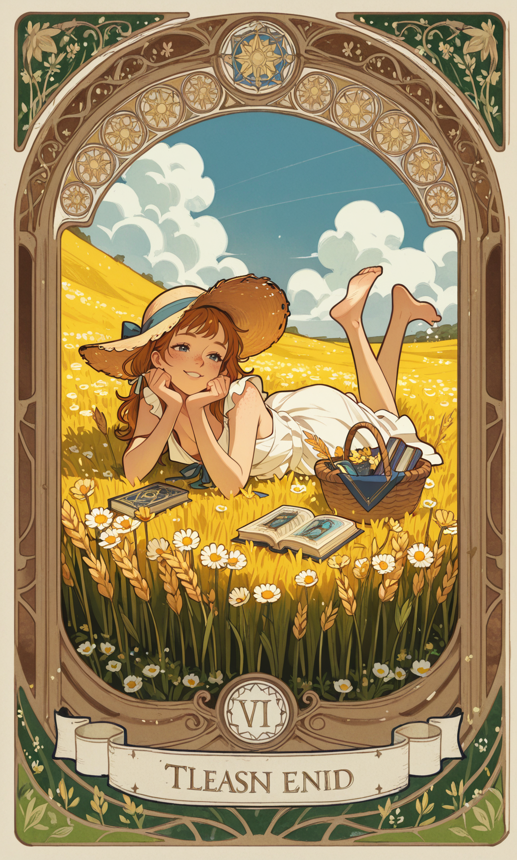 夏日花田中的阅读少女插画