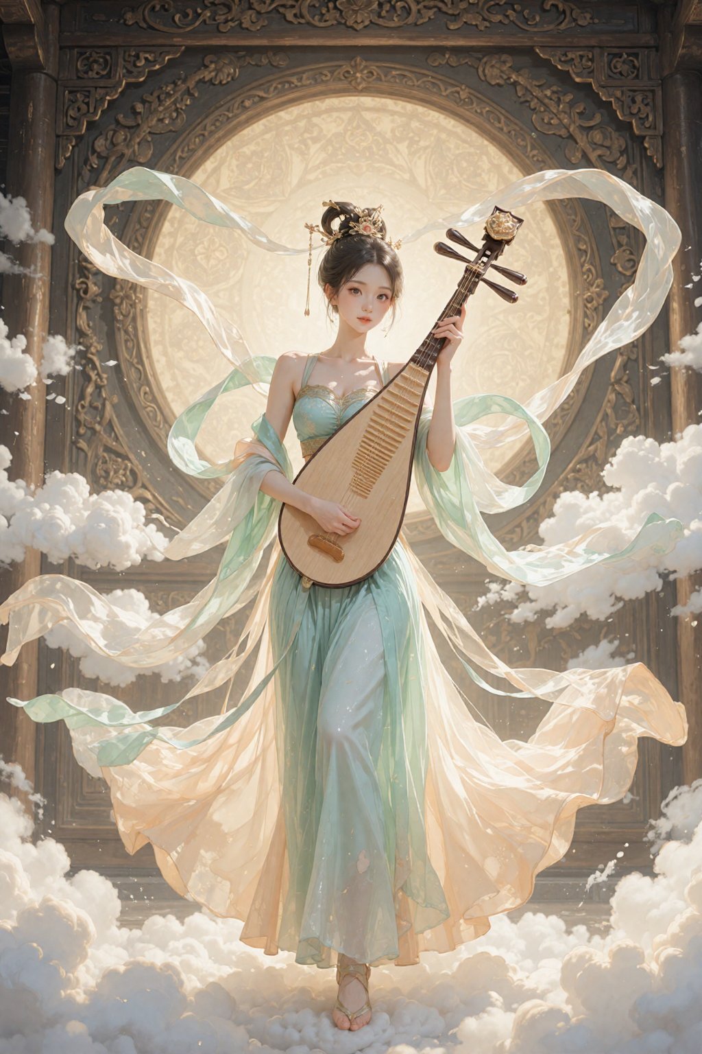 云间仙乐：古风神女抚琴图