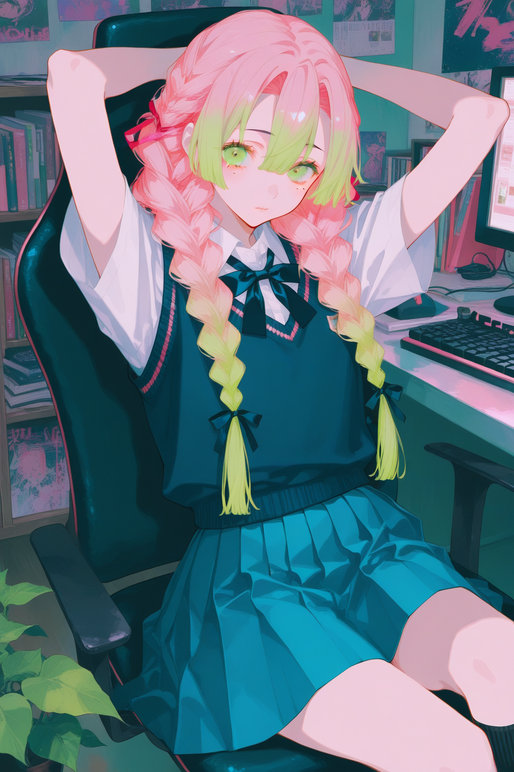 粉发双马尾少女的桌前日常插画