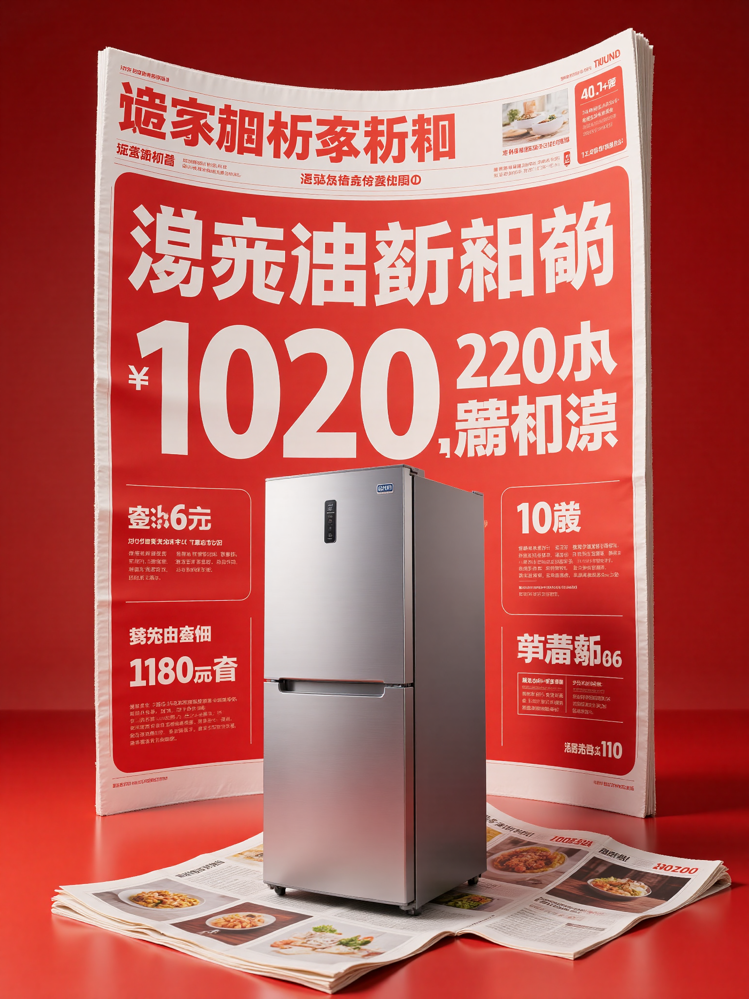 红色促销海报中的银色双门冰箱广告