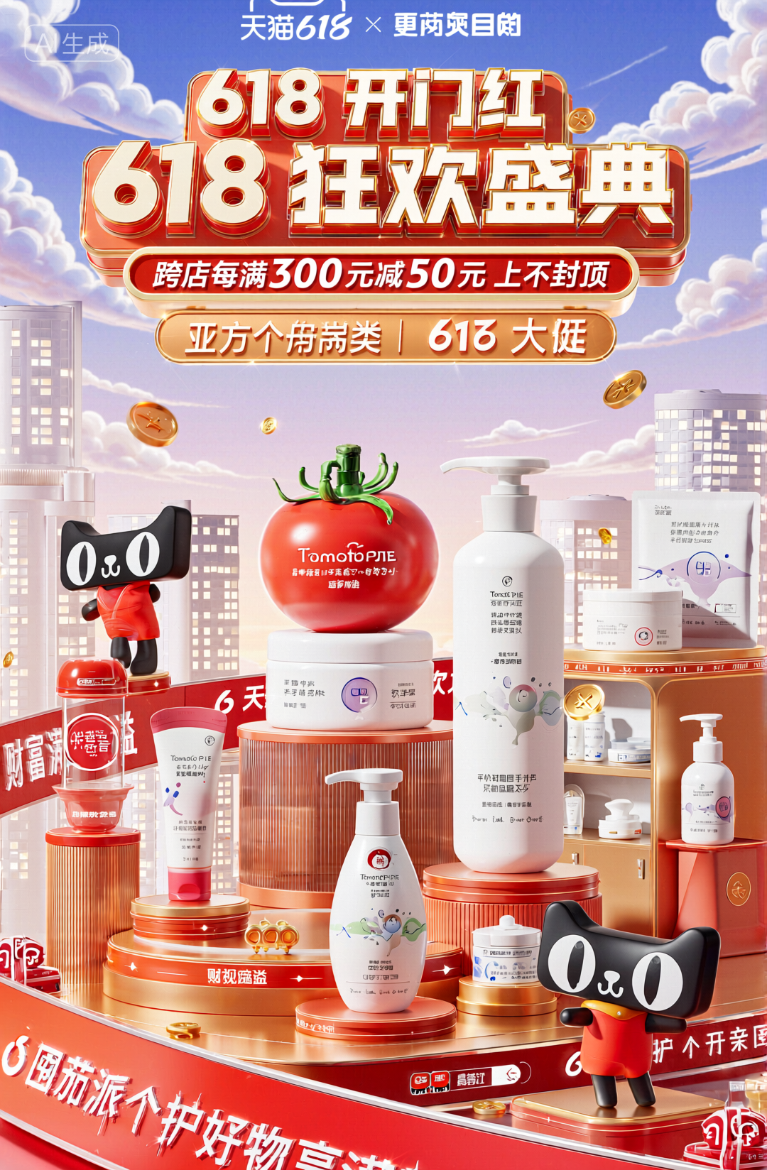 天猫618狂欢盛典美妆日用品促销海报