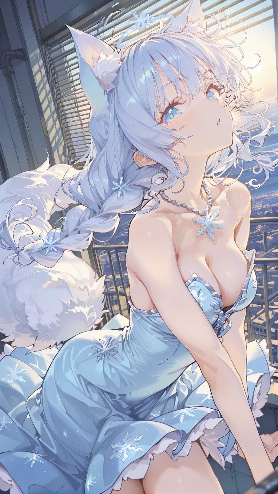 蓝白色冰雪系天使少女插画