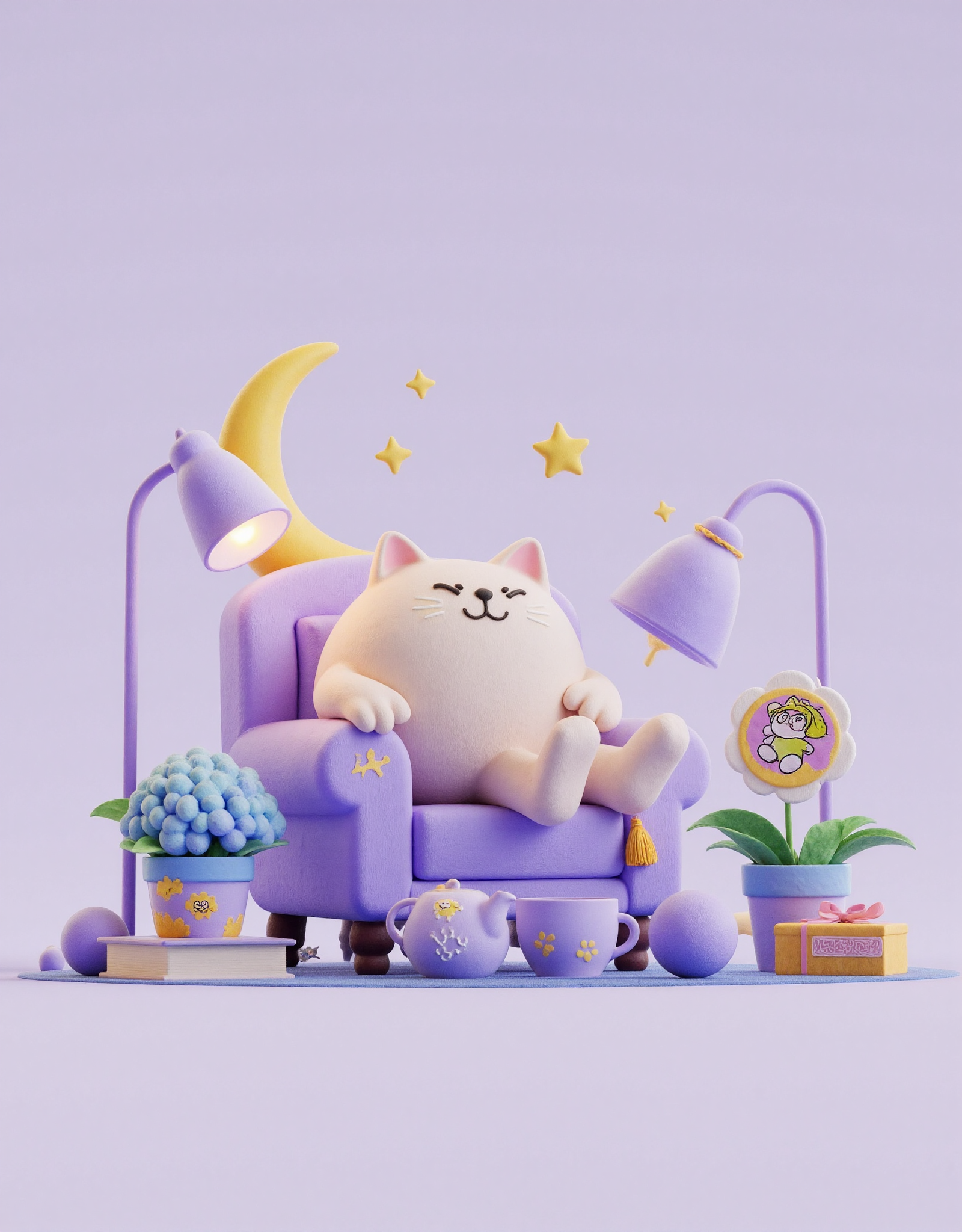 梦幻紫色夜晚的慵懒小猫场景