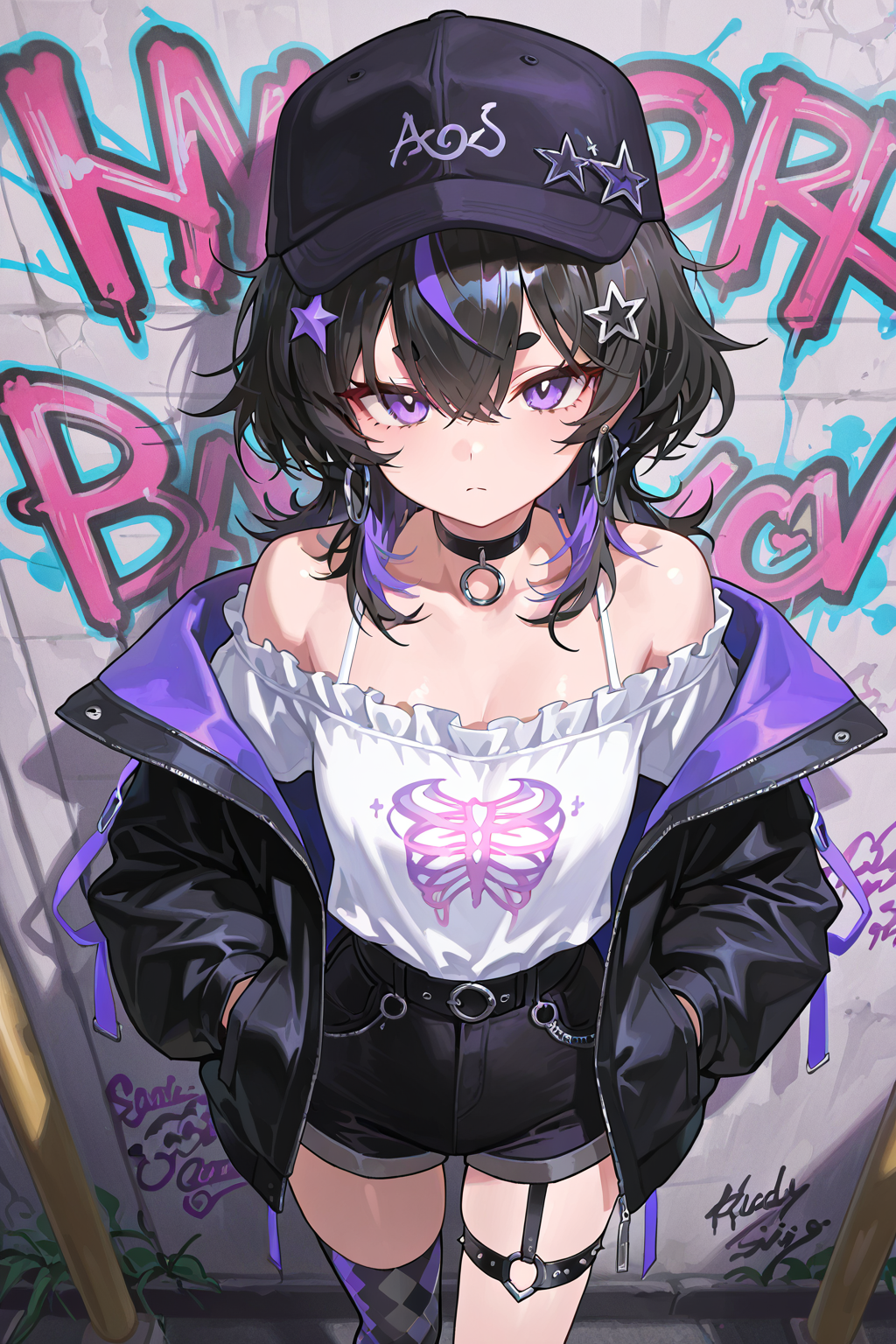 紫黑潮流风格的二次元少女插画
