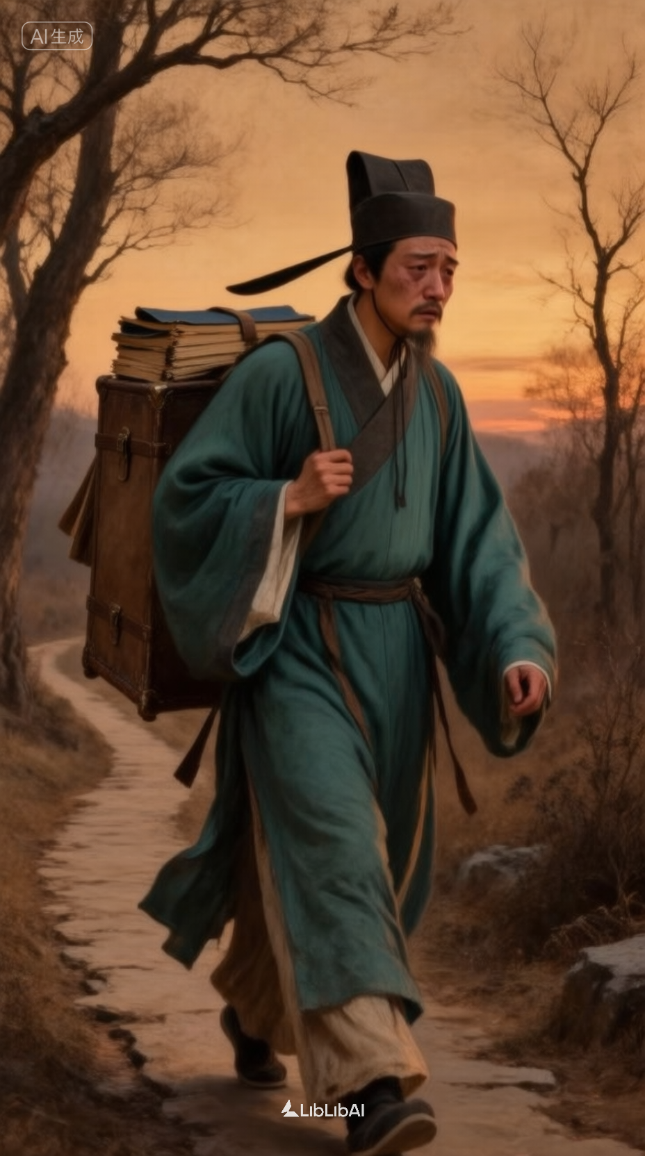 暮色山路上的古装行者