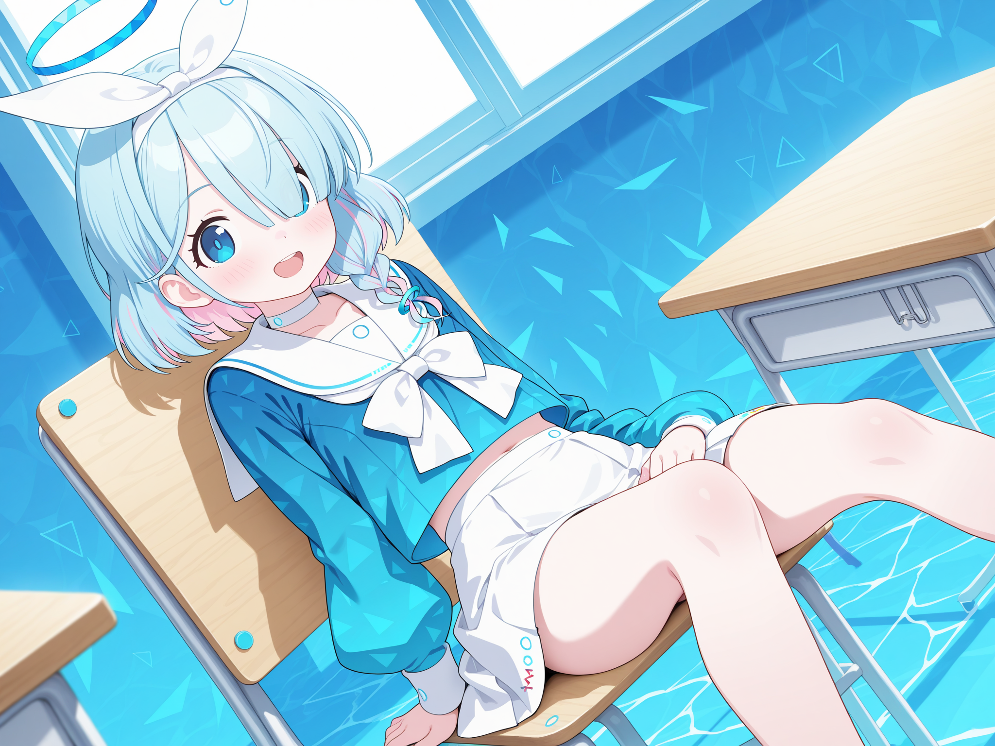蓝发兔耳少女坐在教室里的清新二次元插画