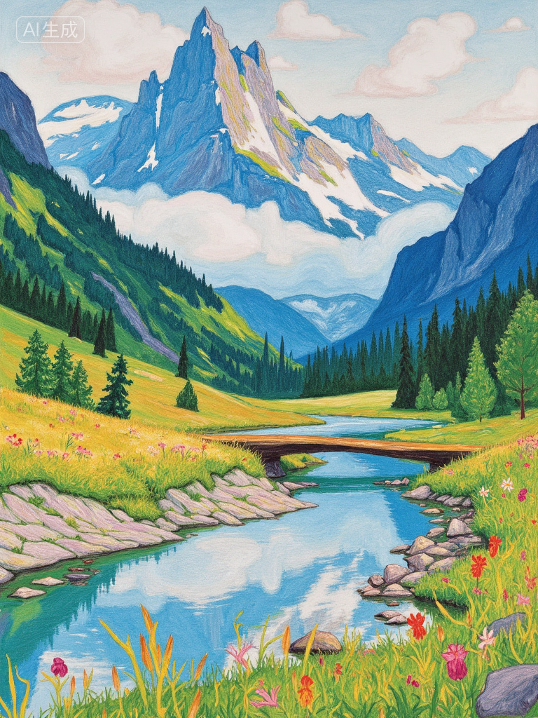 梦幻山谷湖景插画