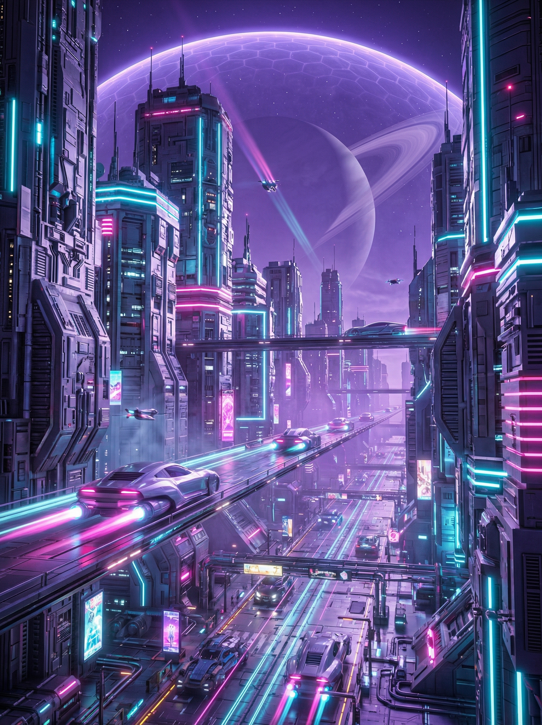 霓虹环绕的未来太空都市