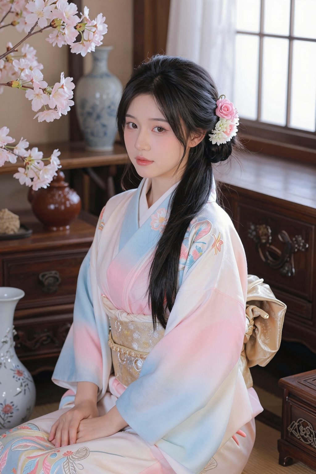春日古风仕女与樱花装饰