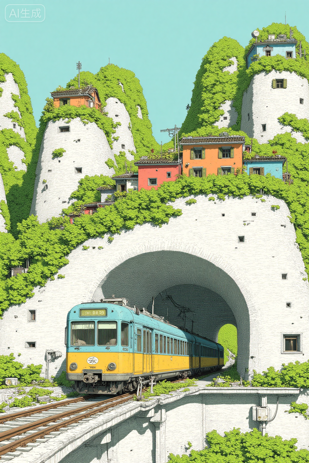 绿意覆盖的山岭隧道列车