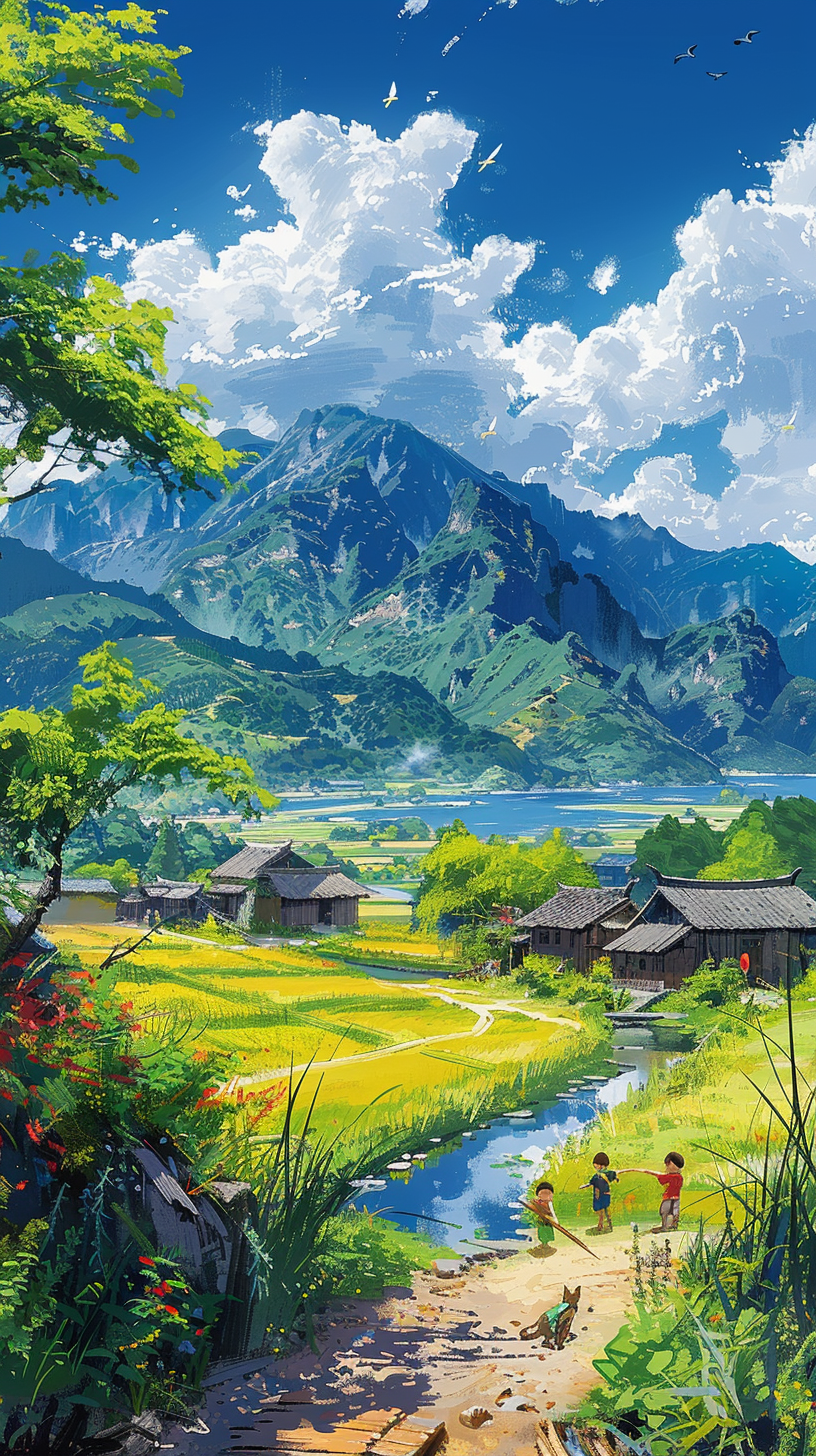 山谷田园与孩童嬉戏的宁静风景