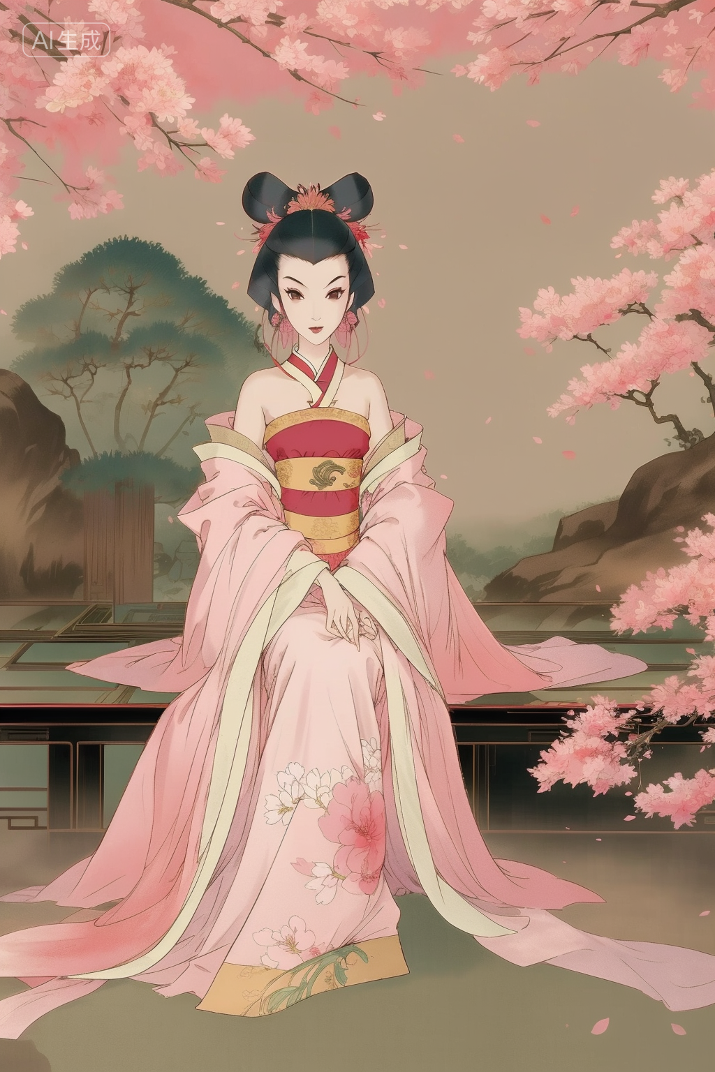 樱花庭院中的古风和服少女