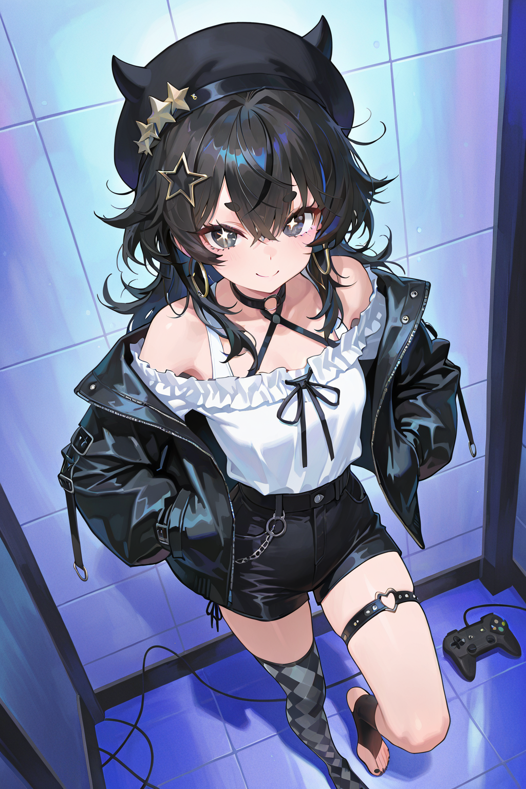 夏日列车门前的星星少女