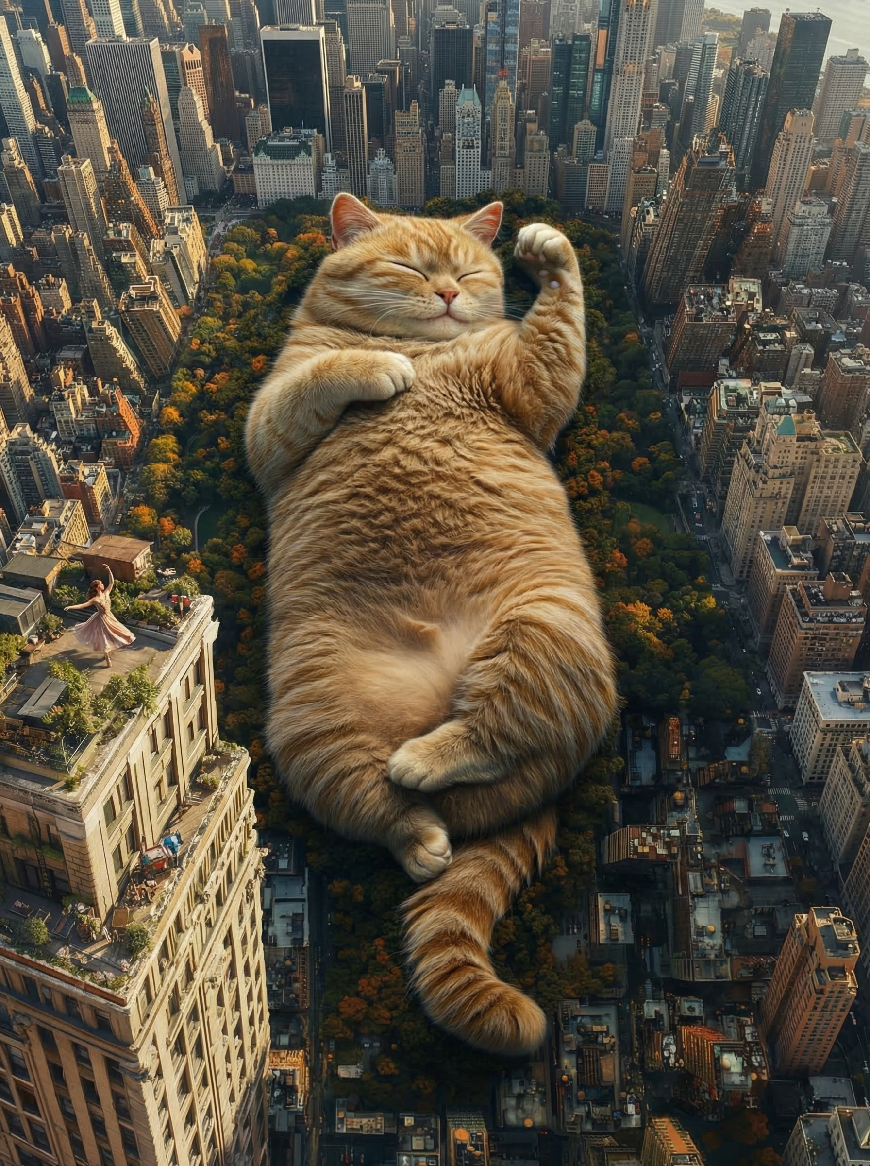 巨型橘猫躺在城市中央公园上的超现实航拍图