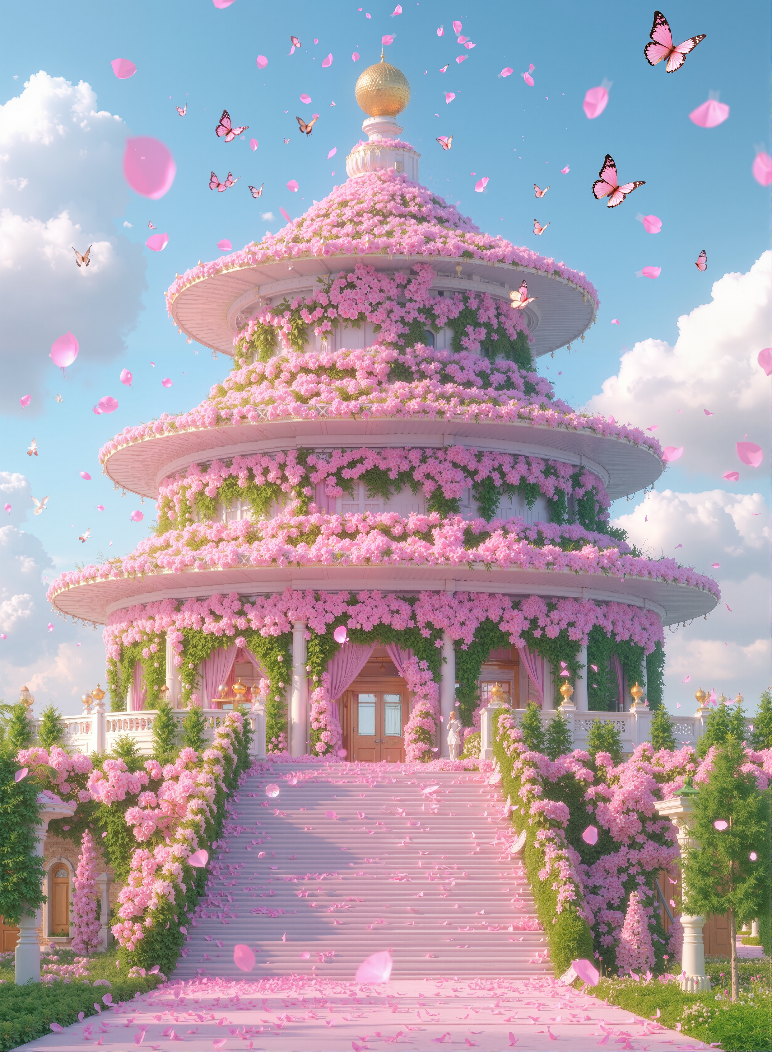 梦幻樱花环绕的华丽塔式建筑