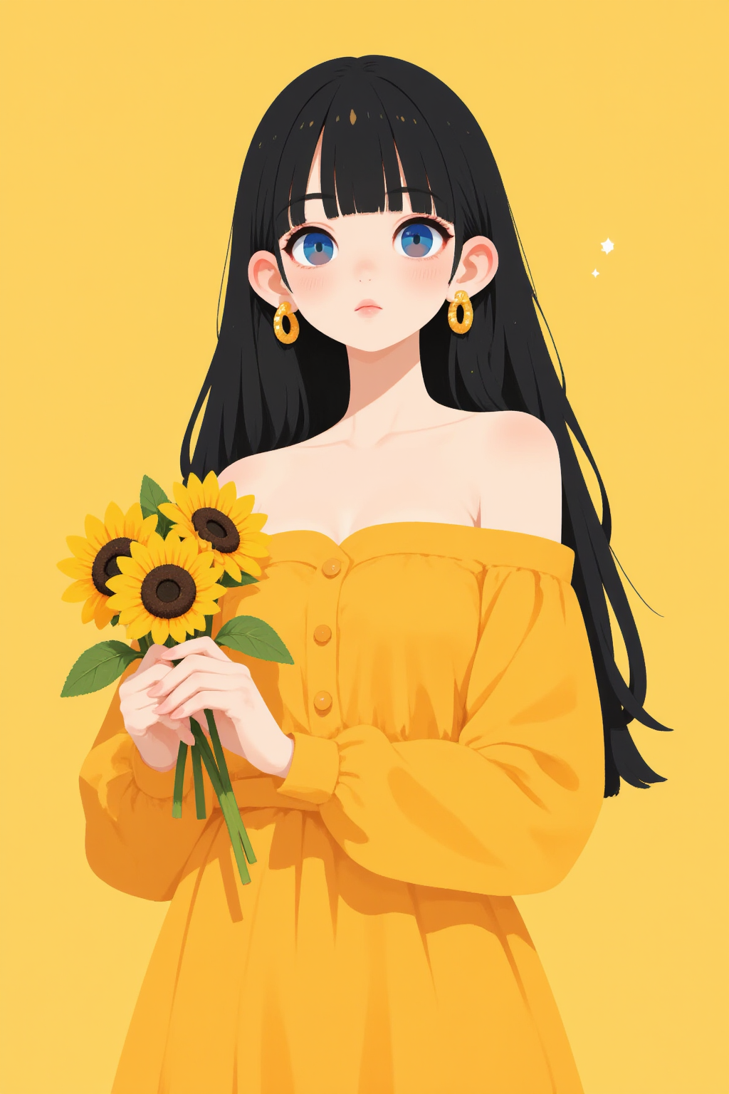 向日葵与黄裙的夏日插画少女