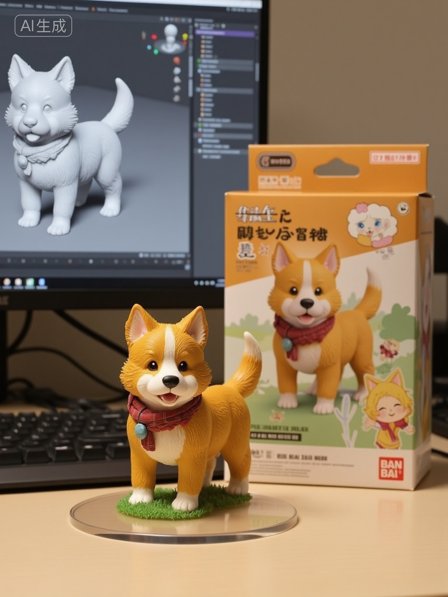 桌面上的柯基模型与包装展示