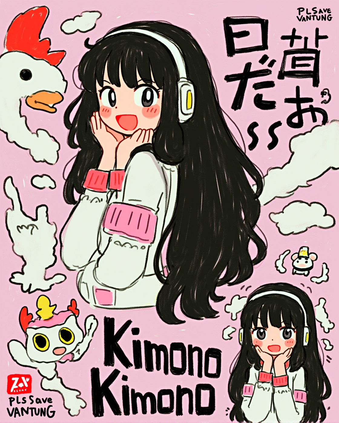 粉色背景下的可爱动漫女孩与鸡形吉祥物插画