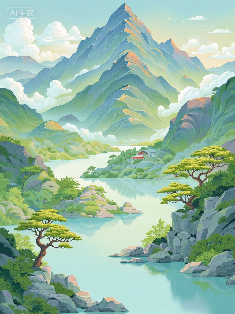 梦幻山谷湖景插画