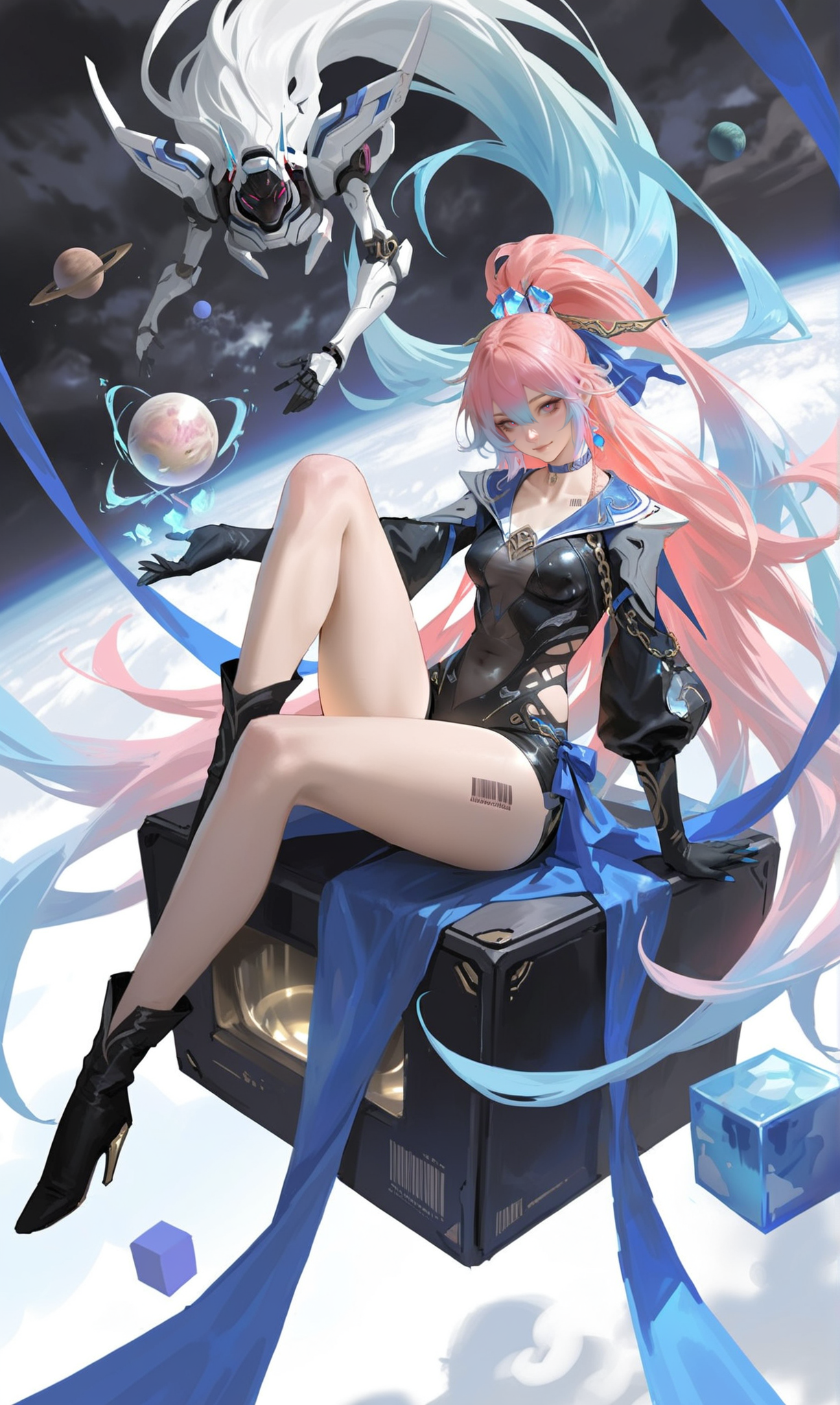 赛博幻想中的双马尾少女与机甲星空