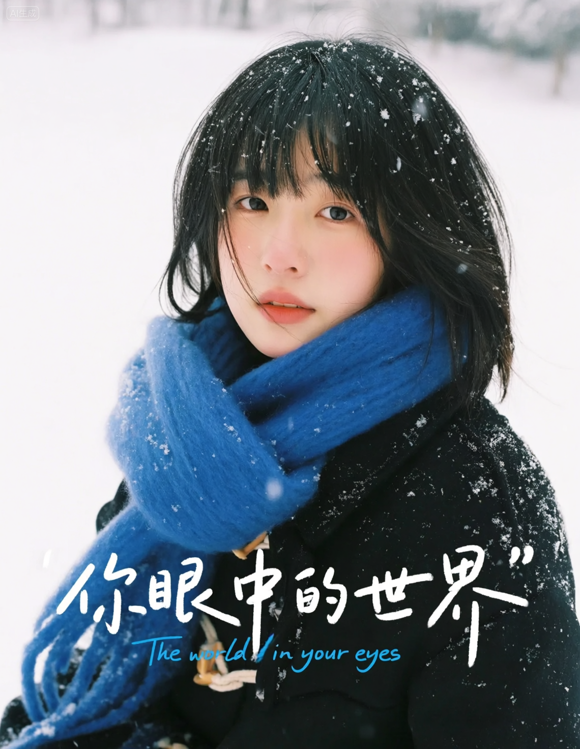 雪景中围着蓝色围巾的冬日人像