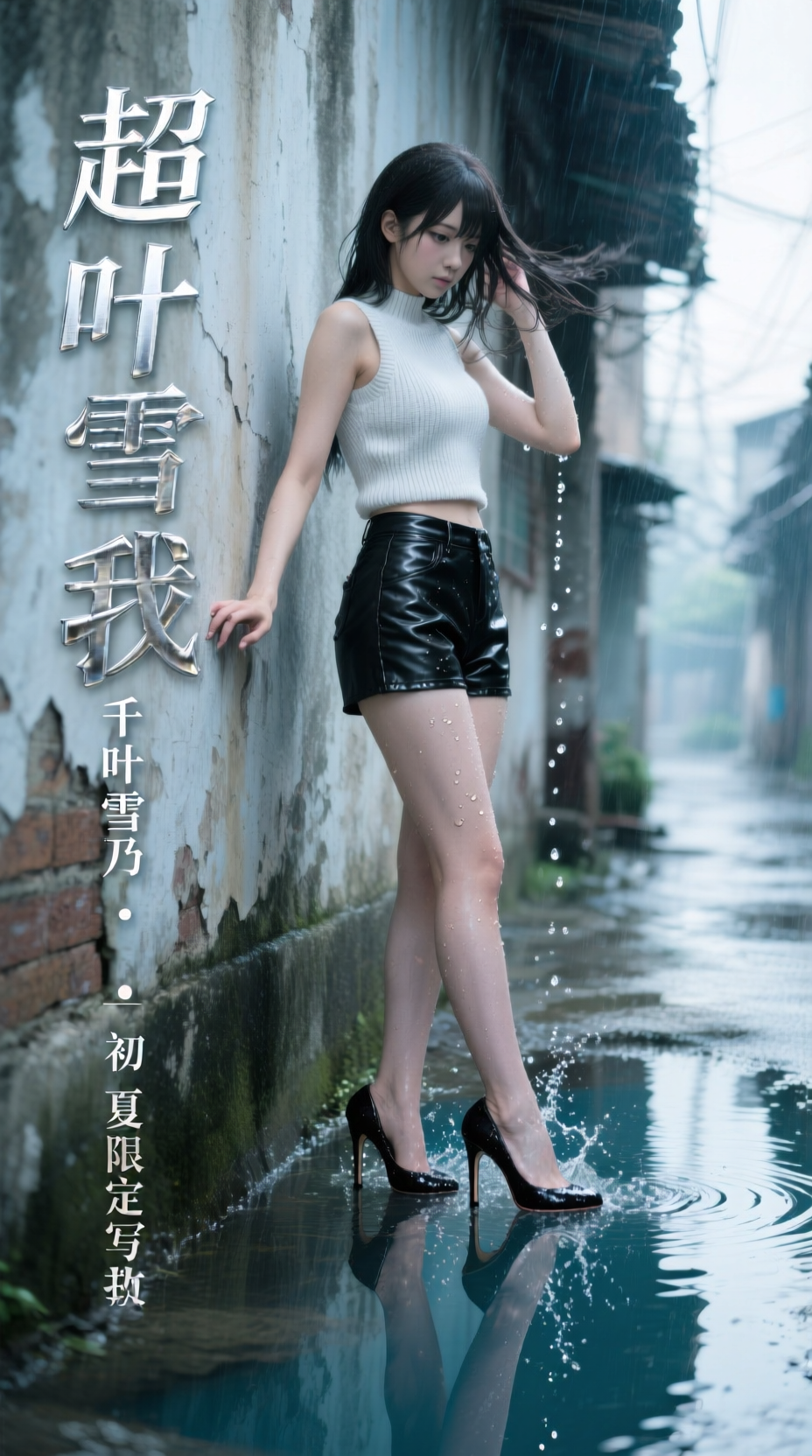 雨巷中的时尚女性与倒影
