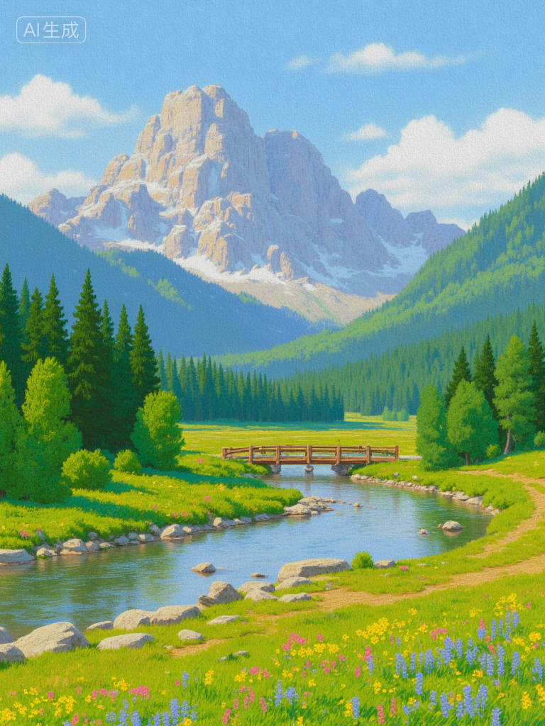梦幻山谷湖景插画
