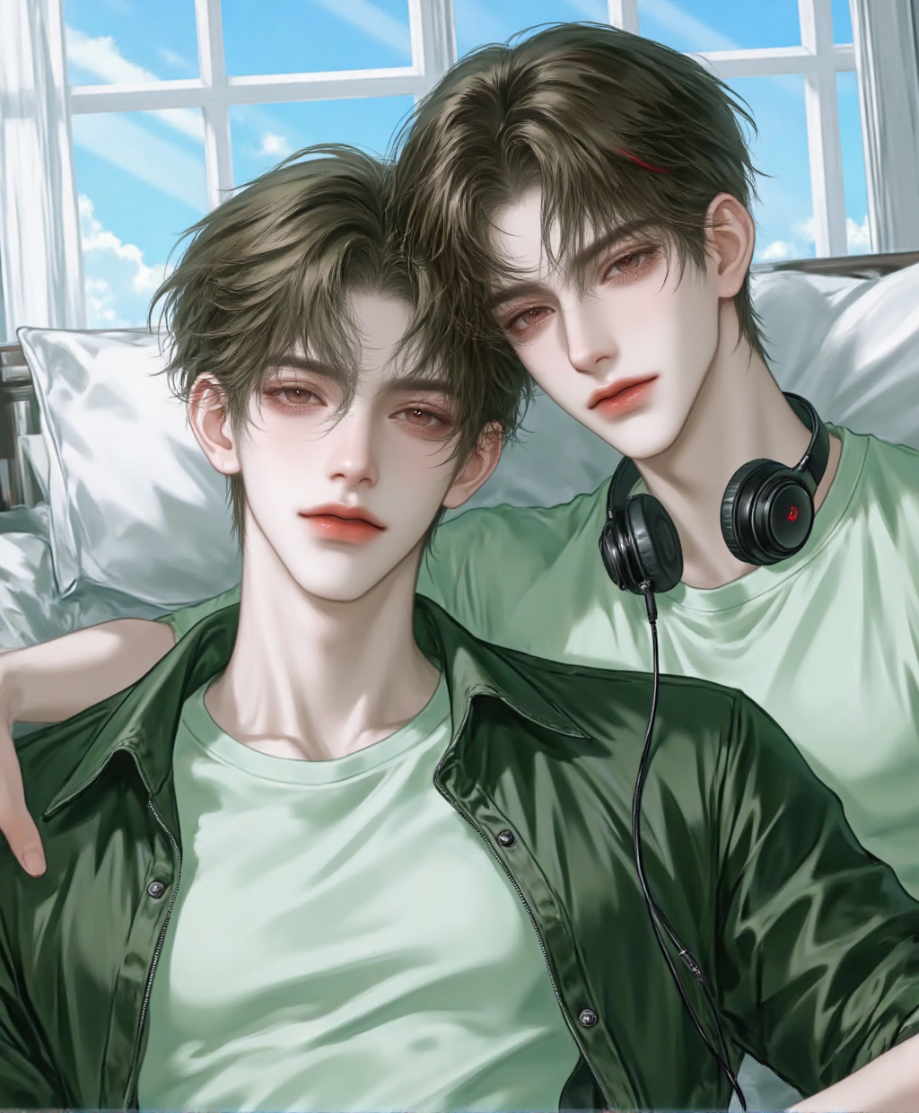 窗边依偎的双人插画